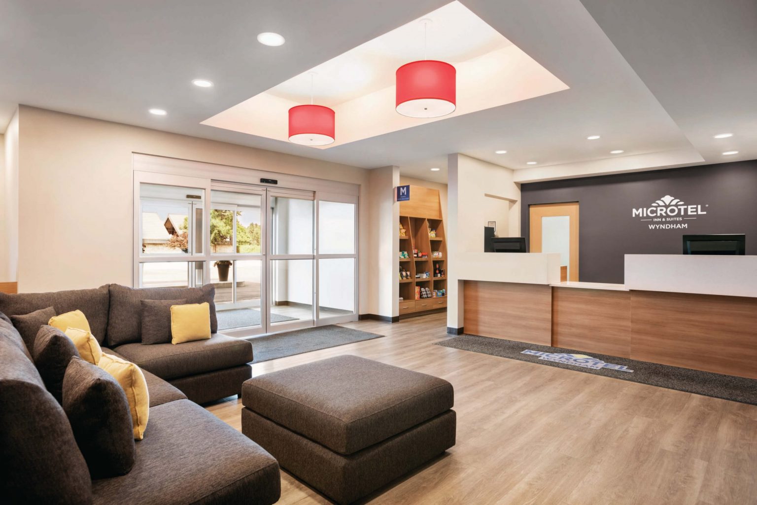 A hotel lobby with a comfortable couch